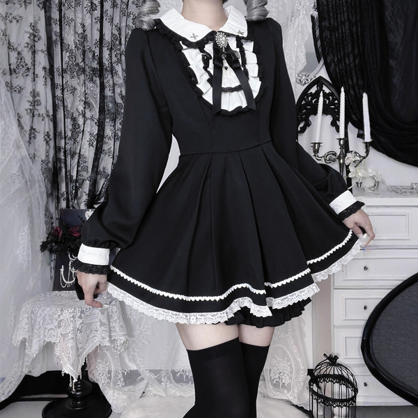 Japanese style lolita dress - sweet & edgy black white maid cosplay costume, aesthetic subculture outfit featuring long sleev...