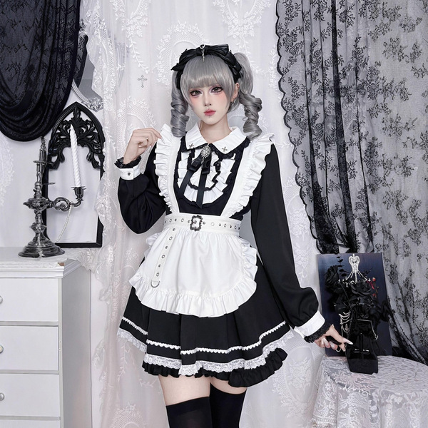 Japanese style lolita dress - sweet & edgy black white maid cosplay costume, aesthetic subculture outfit featuring ruffled sl...