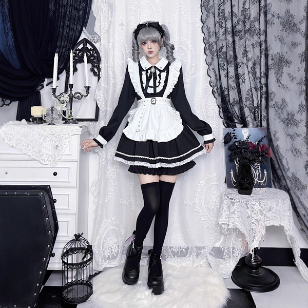 Japanese style lolita dress - sweet & edgy black white maid cosplay costume, aesthetic subculture outfit featuring long sleev...