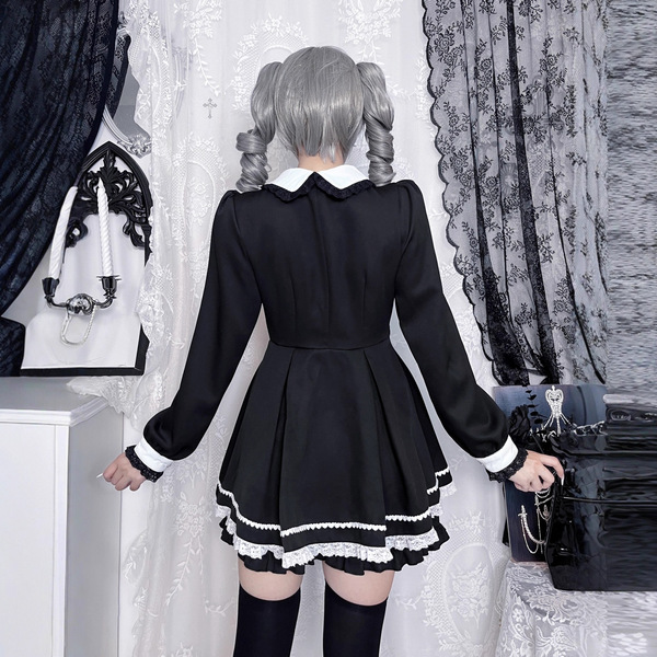 Japanese style lolita dress - sweet & edgy black white maid cosplay costume, aesthetic subculture outfit featuring long sleev...
