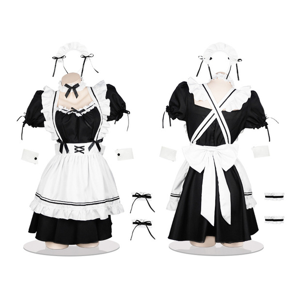 Japanese lolita maid costume set featuring a black lace bodice with white apron, thigh-high stockings, and maid accessories f...