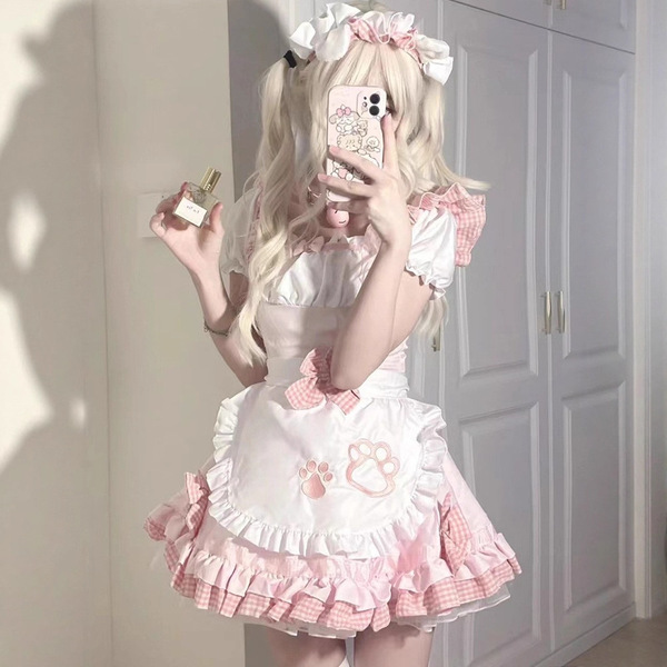 Japanese maid cosplay dress featuring sweet cat-themed design with pink and white colors, perfect for cute soft girl aestheti...