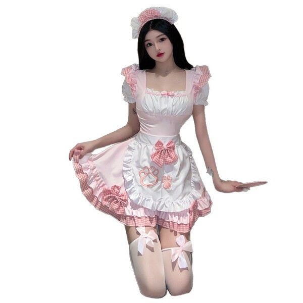 Japanese maid cosplay dress featuring sweet cat girl design with ruffled skirt, cute soft style, perfect for lolita outfits.
