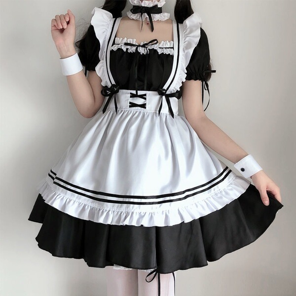 Japanese maid costume dress featuring black and white colors, cute anime schoolgirl lolita style with ruffles and lace detail...