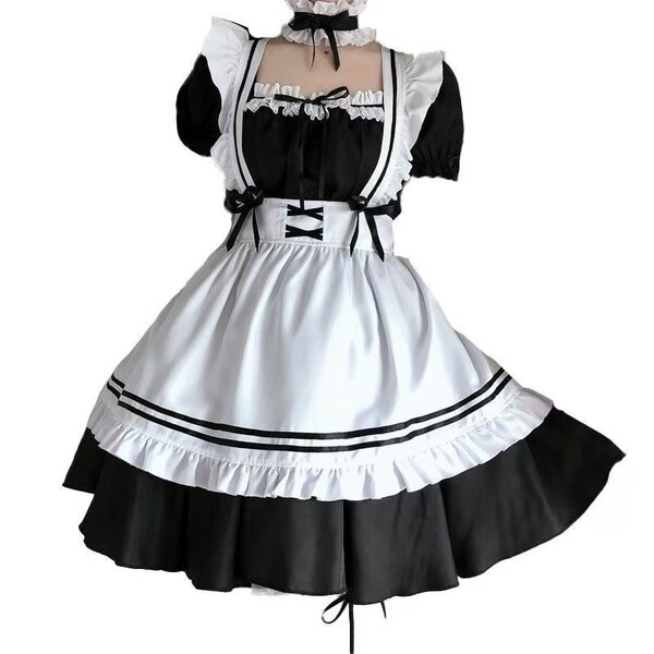 Japanese maid costume dress featuring black and white colors, cute lolita style with ruffles and corset design, perfect for c...