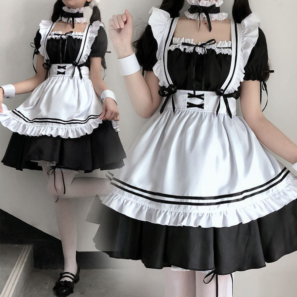 Japanese maid costume dress featuring black and white colors with ruffles, perfect for anime cosplay or lolita fashion. plus ...