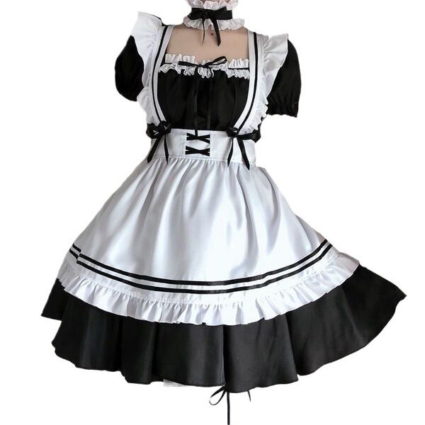 Japanese maid costume dress featuring black and white colors, cute anime schoolgirl lolita style with ruffled sleeves and ski...