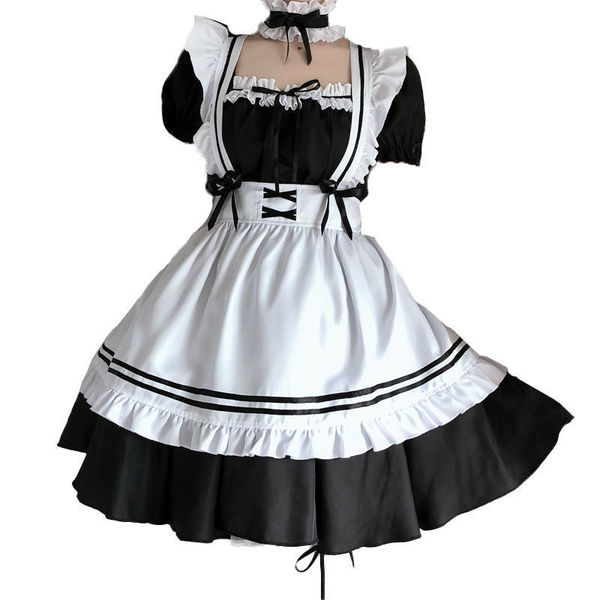 Japanese maid costume dress featuring black and white colors, ruffled sleeves, and a layered skirt perfect for anime cosplay ...