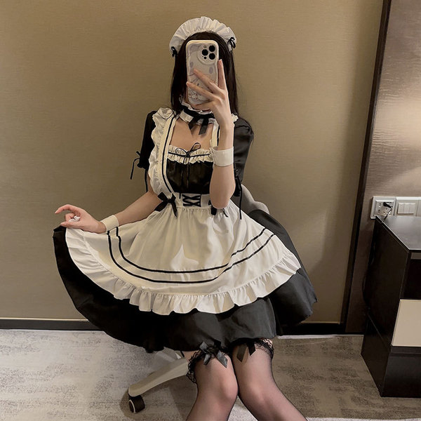Japanese maid costume dress featuring a cute kawaii design, perfect for cosplay or anime fashion. plus size option available.
