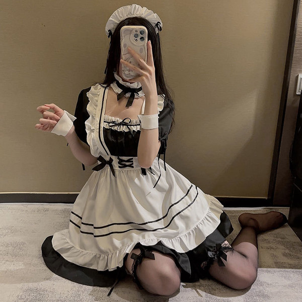 Japanese maid costume dress featuring a cute kawaii design, perfect for cosplay or anime fashion. plus size option available.