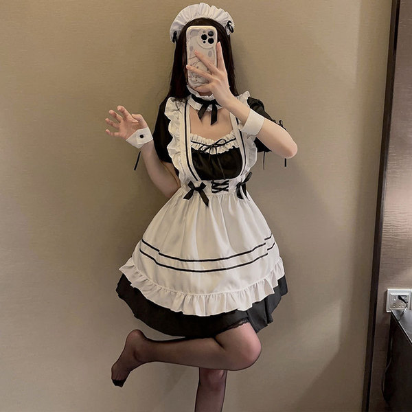 Japanese maid costume dress featuring a cute kawaii design, perfect for cosplay or anime fashion. plus size option available.