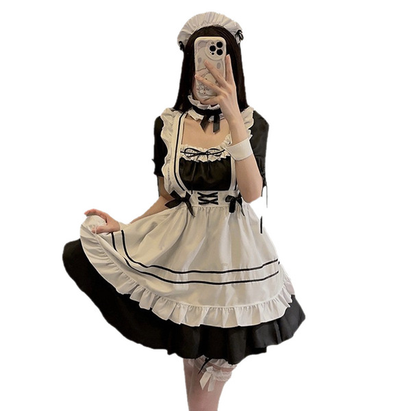 Japanese maid costume dress featuring a cute lolita style with ruffles and bows, perfect for cosplay or daily wear.