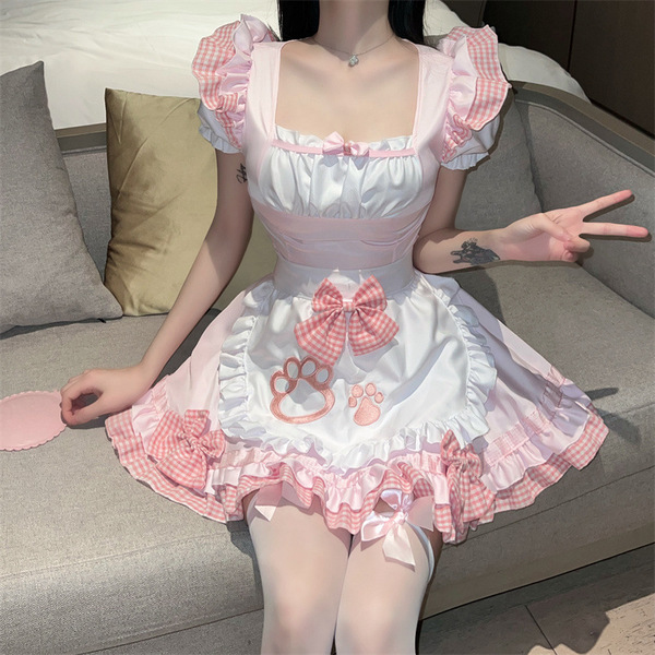 Japanese maid costume dress featuring sweet cat girl design, kawaii lolita style anime outfit for women with ruffled sleeves ...