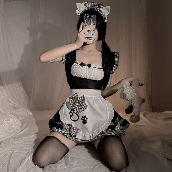Japanese maid costume for women featuring cute cat ears, adorable apron with paw prints, and sweet lolita lingerie set perfec...