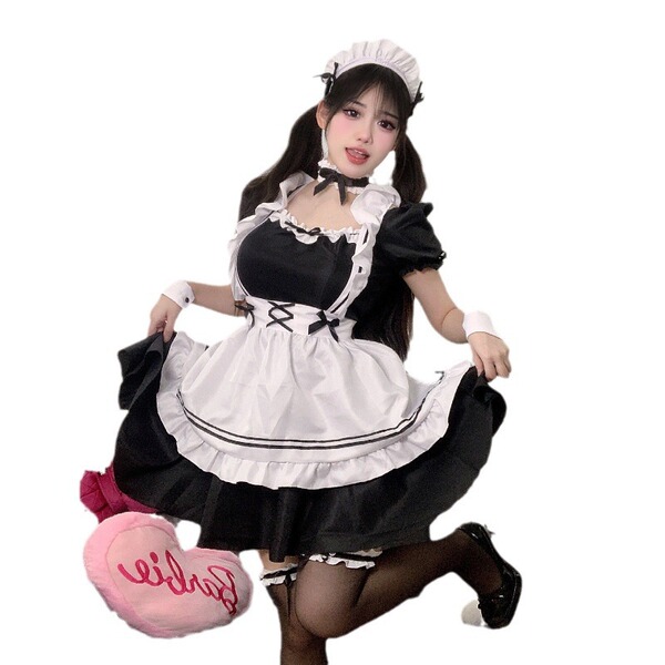 Japanese maid costume for women featuring a cute anime schoolgirl dress with an apron and headband, perfect for cosplay event...