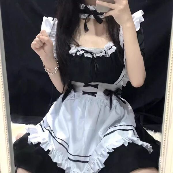 Japanese maid costume for women featuring a plus-size anime lolita dress with apron and headband set, perfect for cosplay ent...