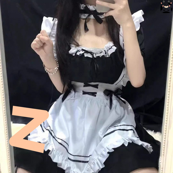 Japanese maid costume for women featuring a plus-size anime lolita dress with apron and headband, cute student style outfit.