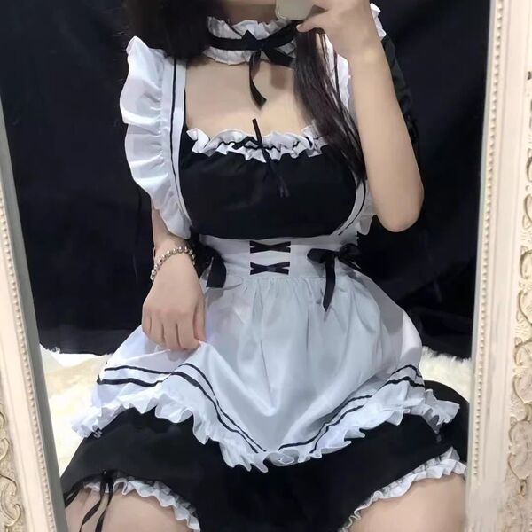 Japanese maid costume for women featuring a plus-size anime lolita dress with apron and headband set, perfect for cosplay eve...