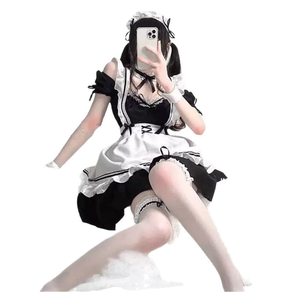 Japanese maid costume for women featuring a sexy cosplay lolita dress, plus size anime outfit with apron and headband.