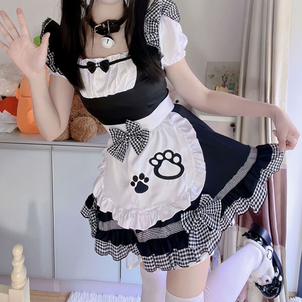 Japanese maid dress cosplay outfit featuring sweet cat theme with paw prints, black and white checkered design, perfect for a...