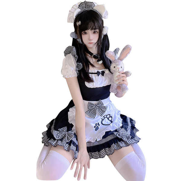 Japanese maid dress cosplay outfit featuring sweet cat theme with ruffled sleeves, checkered apron, and bunny plush toy acces...