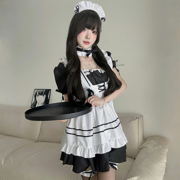 A woman wearing a japanese maid dress, featuring black and white colors with ruffles, holding a tray. perfect for cosplay or ...