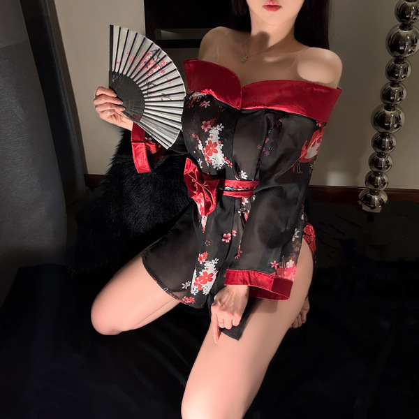 Japanese-style off-shoulder black floral kimono robe - sheer, hip-revealing roleplay bathrobe & cosplay cover-up
