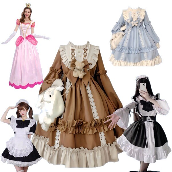 Japanese style plus size black white lace maid dress - lolita cosplay outfit set for women featuring intricate lace details a...