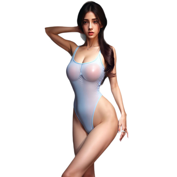 A woman poses confidently wearing a sheer bodysuit with an open crotch design, showcasing its mesh fabric and form-fitting st...