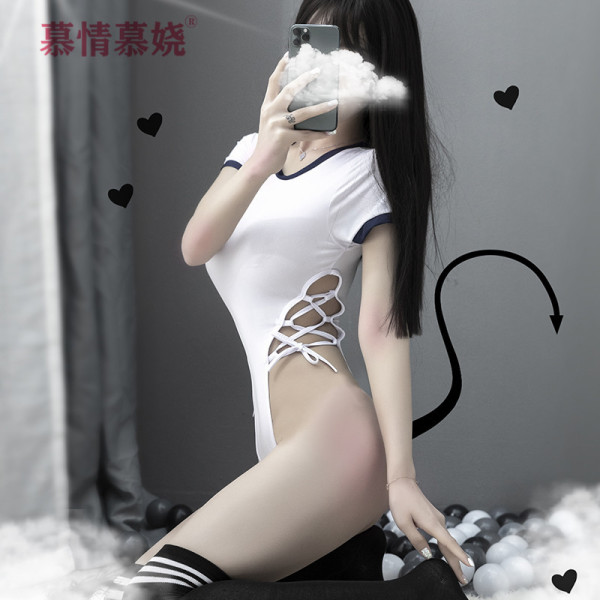 Woman modeling white japanese sailor uniform bodysuit with side lace-up straps and thigh-high socks for sexy schoolgirl costu...