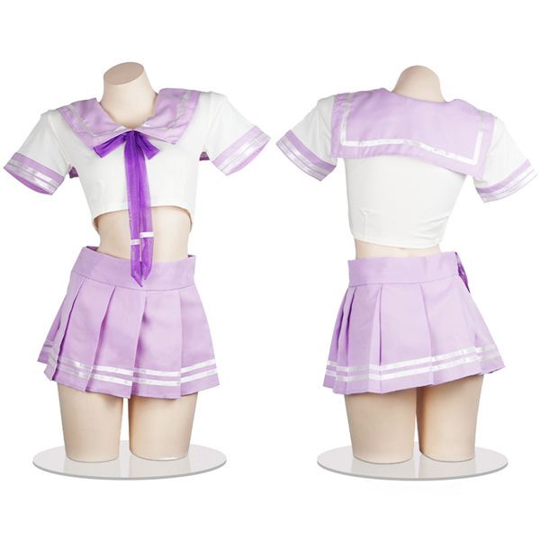 Japanese school uniform set featuring a purple pleated skirt and white blouse with sailor collar, perfect for cosplay or role...