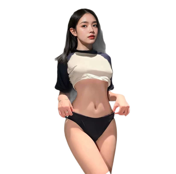 A stylish swimsuit featuring blue and white colors, perfect for a cute and modest look. ideal for school uniforms or casual w...