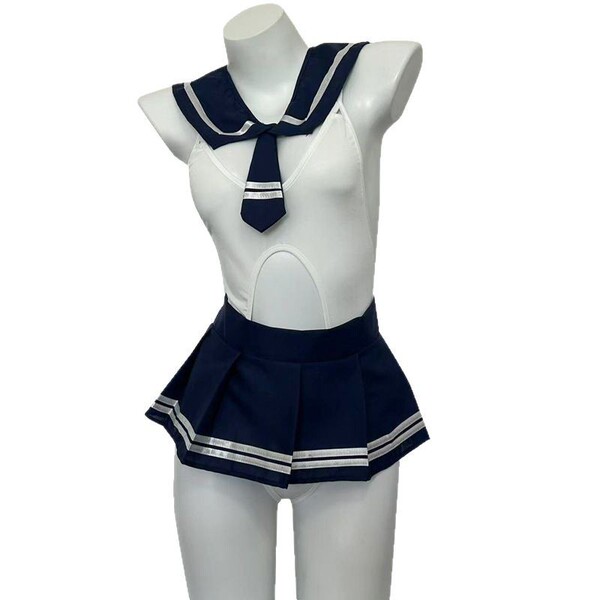 Japanese schoolgirl costume featuring a sailor-style uniform with an open-crotch bodysuit and pleated skirt, perfect for adul...