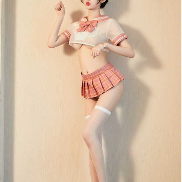 Japanese schoolgirl jk uniform set featuring a sheer blouse with a bow tie and plaid pleated skirt, perfect for cosplay or th...