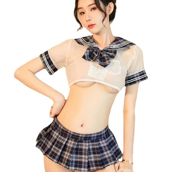 Japanese schoolgirl jk uniform set featuring a sheer blouse with a plaid bow tie and a matching pleated skirt, perfect for bo...
