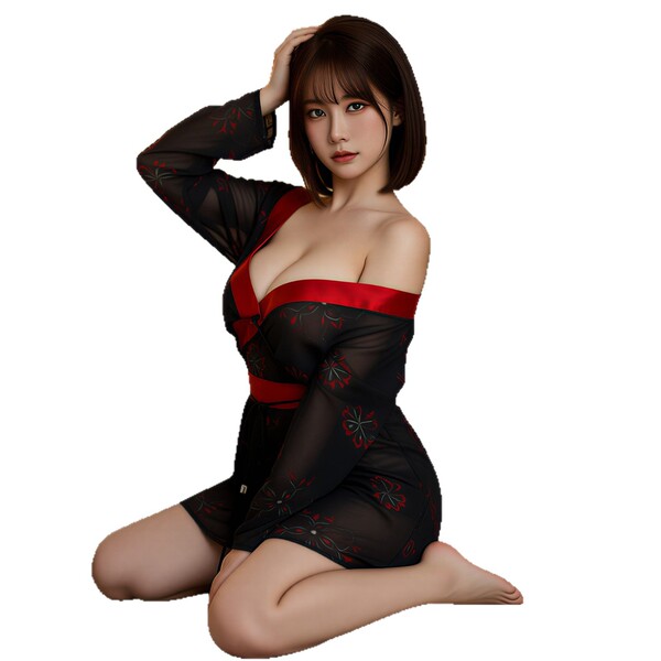 A woman poses in a sheer black japanese-style sensual kimono lingerie set with red accents, featuring intricate floral patter...