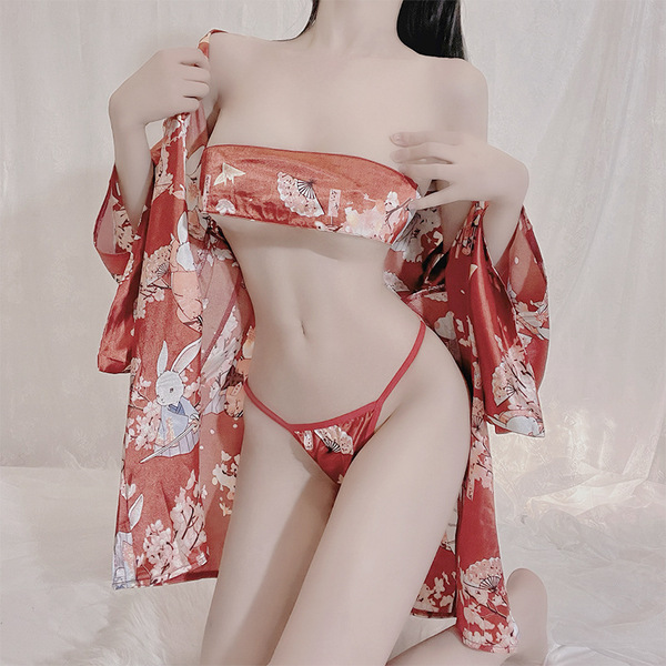 Japanese-style sexy deep v lingerie set - seductive kimono-inspired bedroom outfit featuring floral patterns and elegant desi...