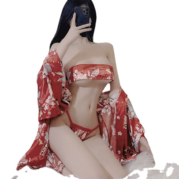 Japanese-style sexy deep v lingerie set - seductive kimono-inspired bedroom outfit featuring a floral design, perfect for int...