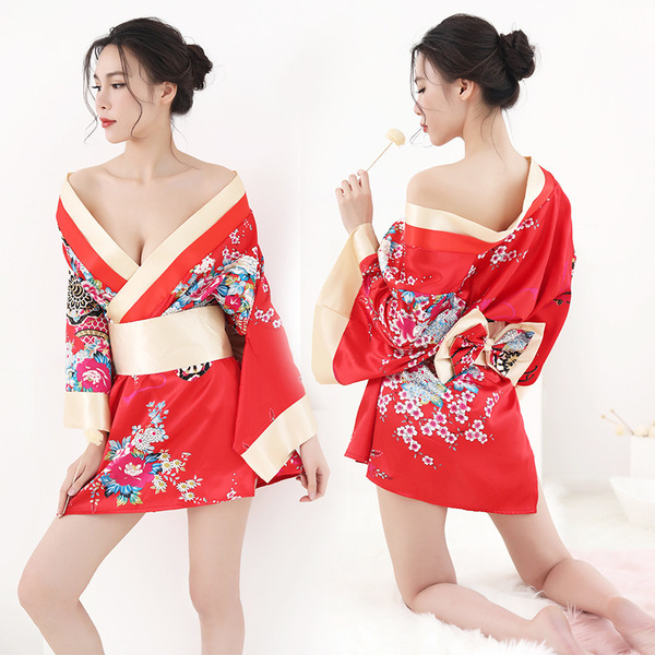 Elegant red japanese-style kimono with floral patterns, open-crotch design, perfect for couples adult costumes.