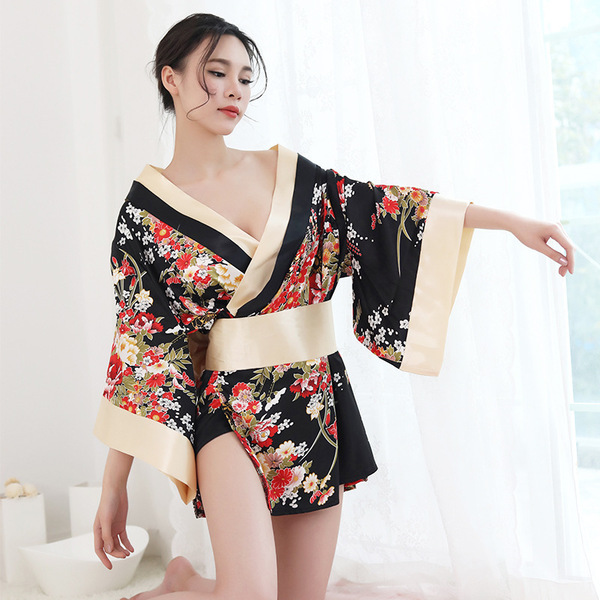 Elegant japanese-style kimono with floral pattern, open-crotch design, perfect for couples seeking an adult costume.