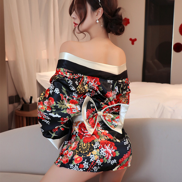 Japanese-style sexy kimono robe - sheer lace trim, low-neck seductive lounge wear for women, featuring vibrant floral pattern...