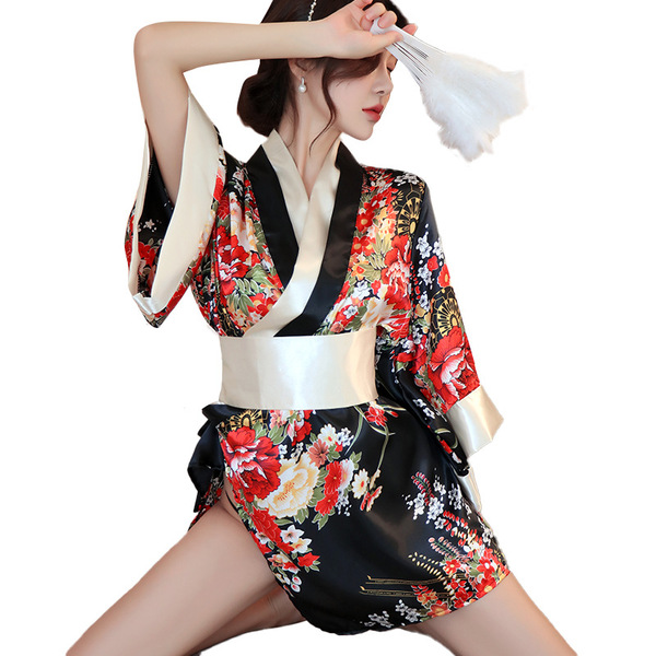 Japanese-style sexy kimono robe with sheer lace trim, low-neck design for seductive lounge wear, perfect for women.