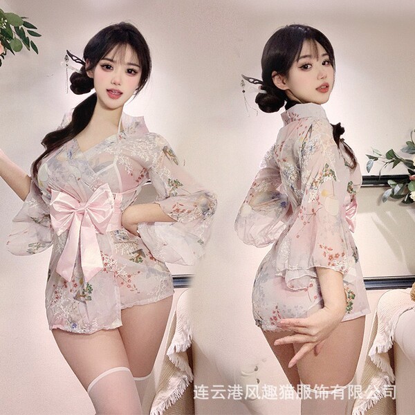 Japanese-style sexy lace kimono robe set featuring intricate embroidery and a prominent bow detail, perfect for seductive sle...