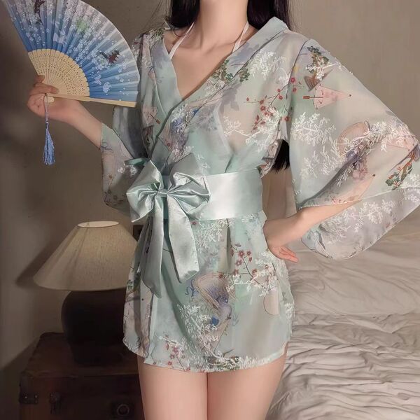 Japanese-style sexy lace kimono robe set - sheer chiffon three-piece outfit with floral print & hot uniform design