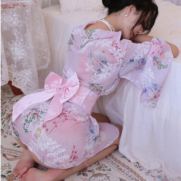 Japanese-style sexy lace kimono robe set - sheer chiffon floral lingerie outfit for women, featuring delicate lace patterns a...