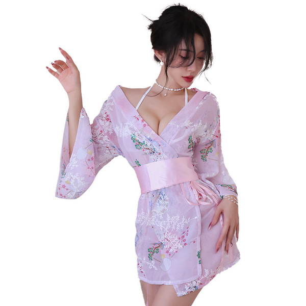 Japanese-style sexy lace kimono robe set featuring sheer chiffon with floral patterns, perfect for women seeking elegant and ...