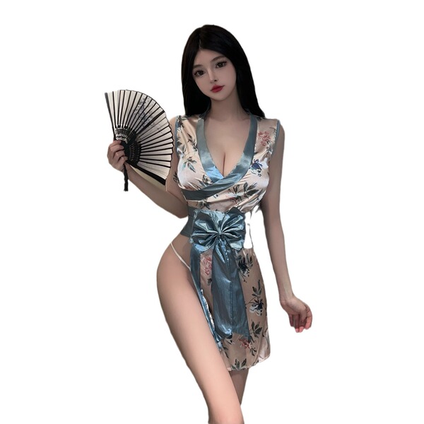 Japanese-style sexy lace kimono robe set for women – bowknot lingerie outfit, costume & roleplay ensemble featuring floral pa...