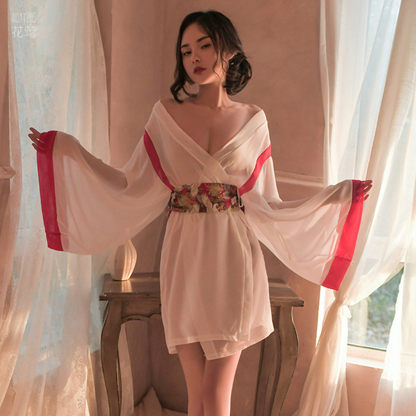 Elegant japanese-style sleepwear featuring sheer chiffon kimono robe with flared sleeves, adorned with floral belt, perfect f...