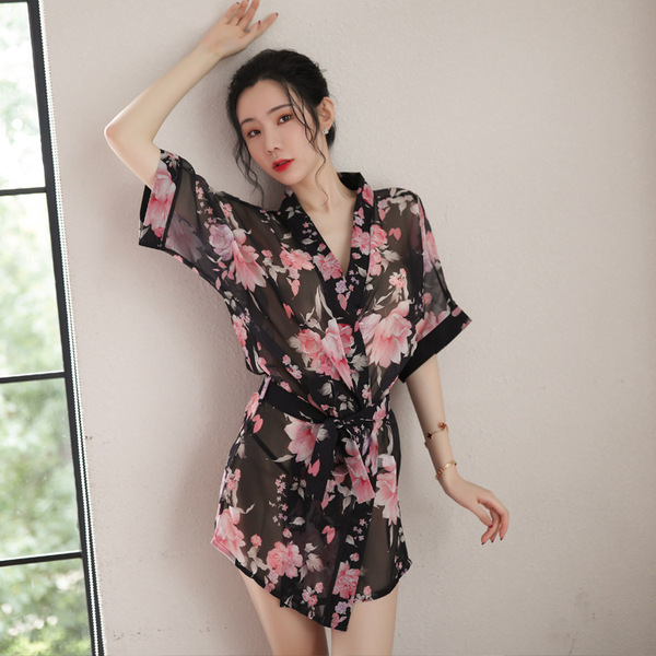 Japanese-style sexy lace sleepwear set – sheer chiffon kimono robe & matching lingerie outfit featuring floral patterns, perf...