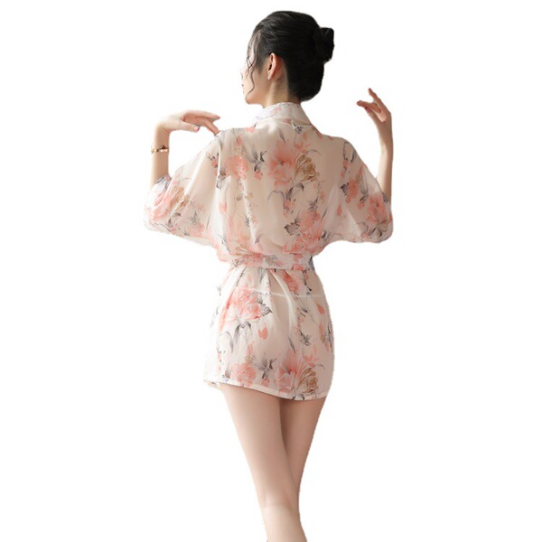 Japanese-style sexy lace sleepwear set – sheer chiffon kimono robe & matching lingerie outfit featuring delicate floral patte...